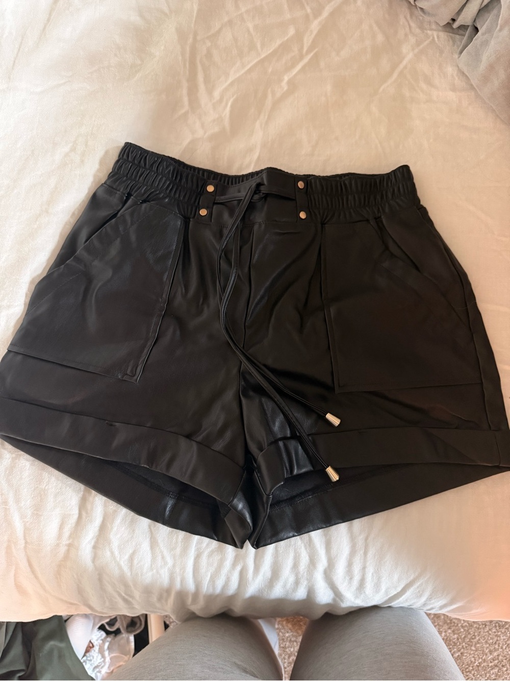 Black Faux Leather Drawstring Women's Shorts